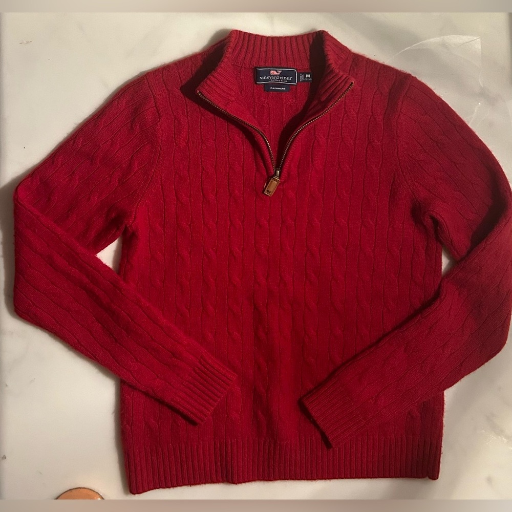 Vineyard Vines boys 100% cashmere red cable knit quarter zip sweater. Size 12-14